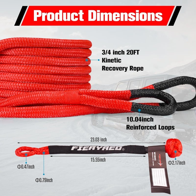 FIERYRED 3/4” x 20FT Kinetic Recovery Rope Kit with 2 Soft Shackles, 26500LBS MBS Heavy Duty Tow Rope Snatch Strap Offroad for SUV, Truck, Car and Tractor - Image 2
